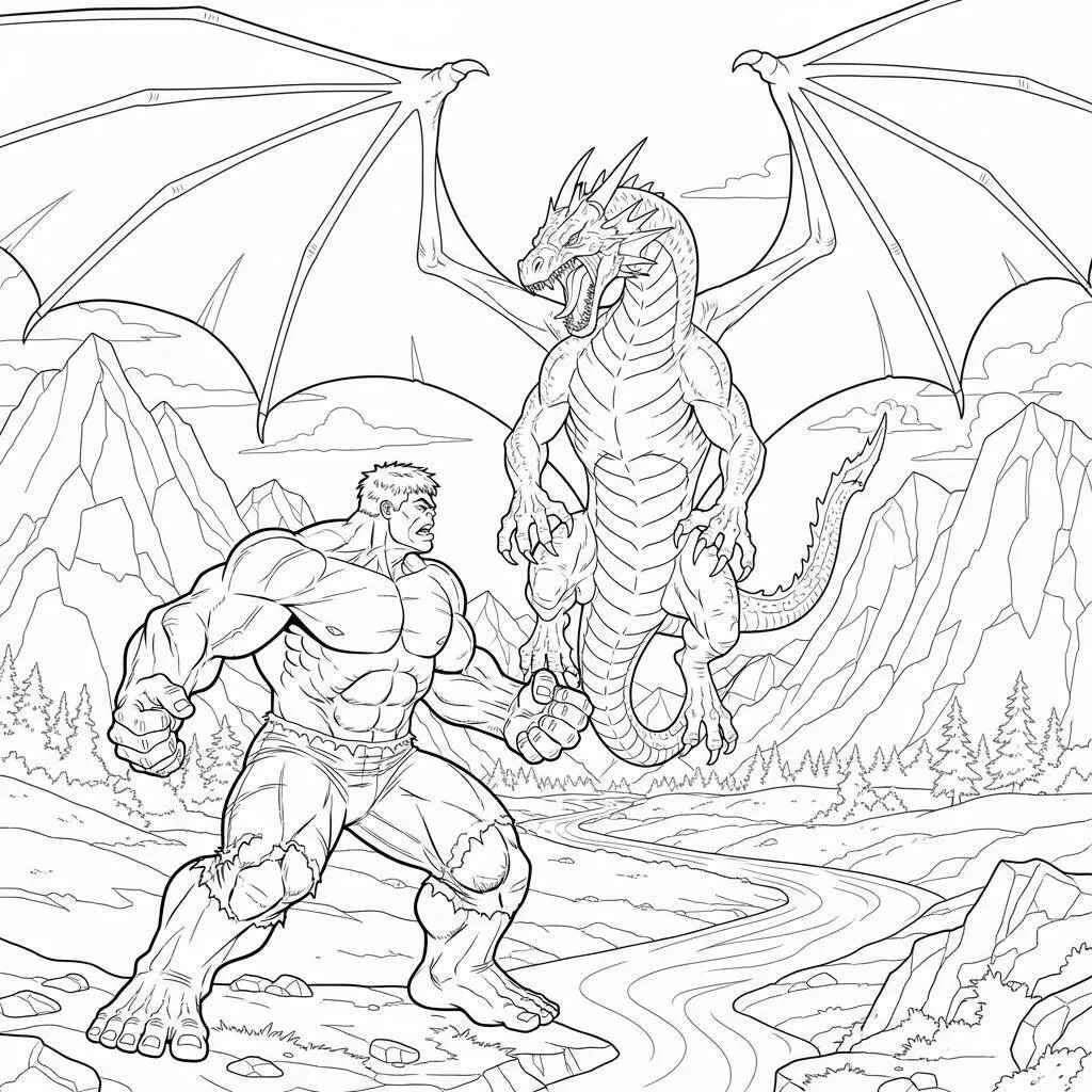 Desenho do Hulk e um Dragão para Colorir
