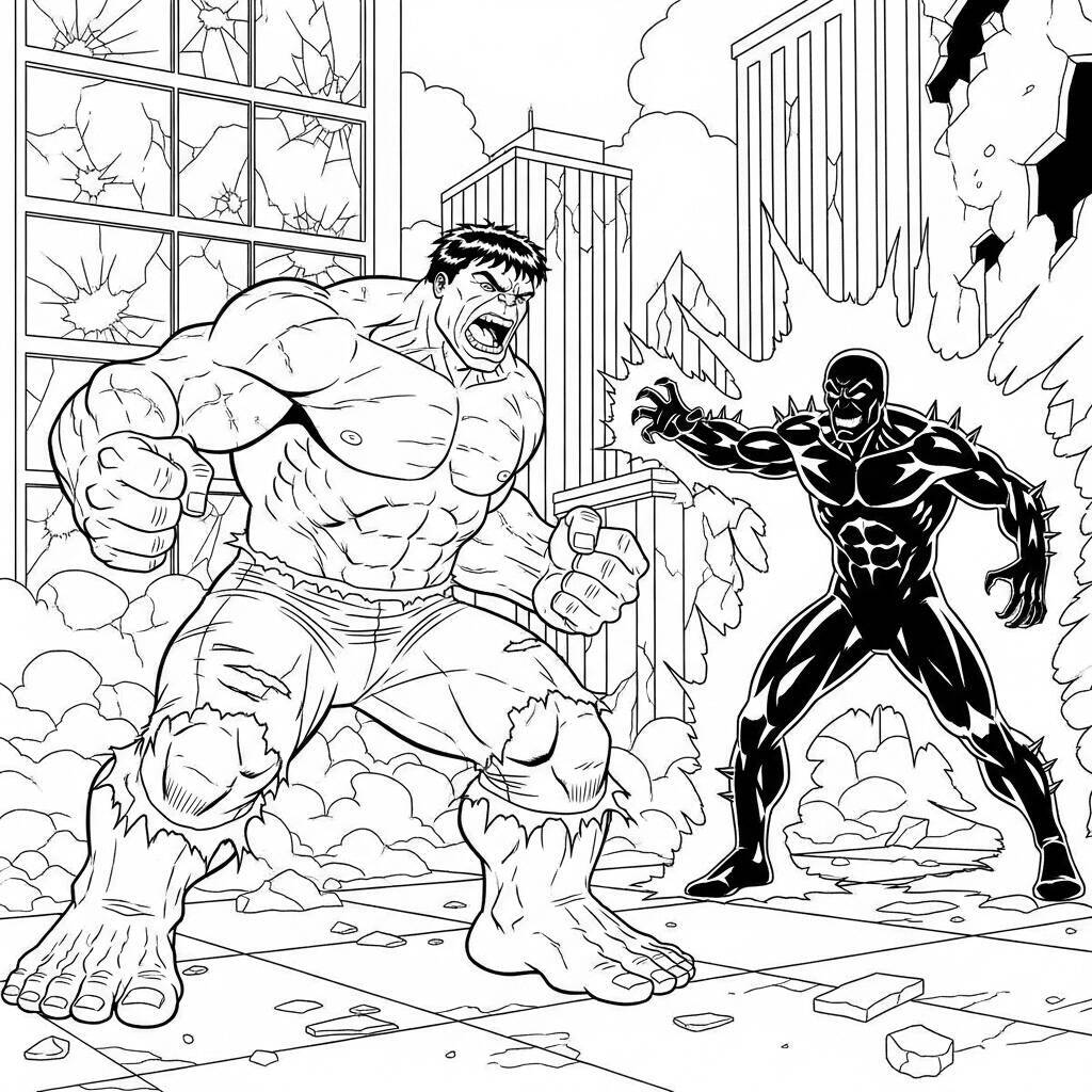 Desenho do Hulk e um Supervilão para Colorir
