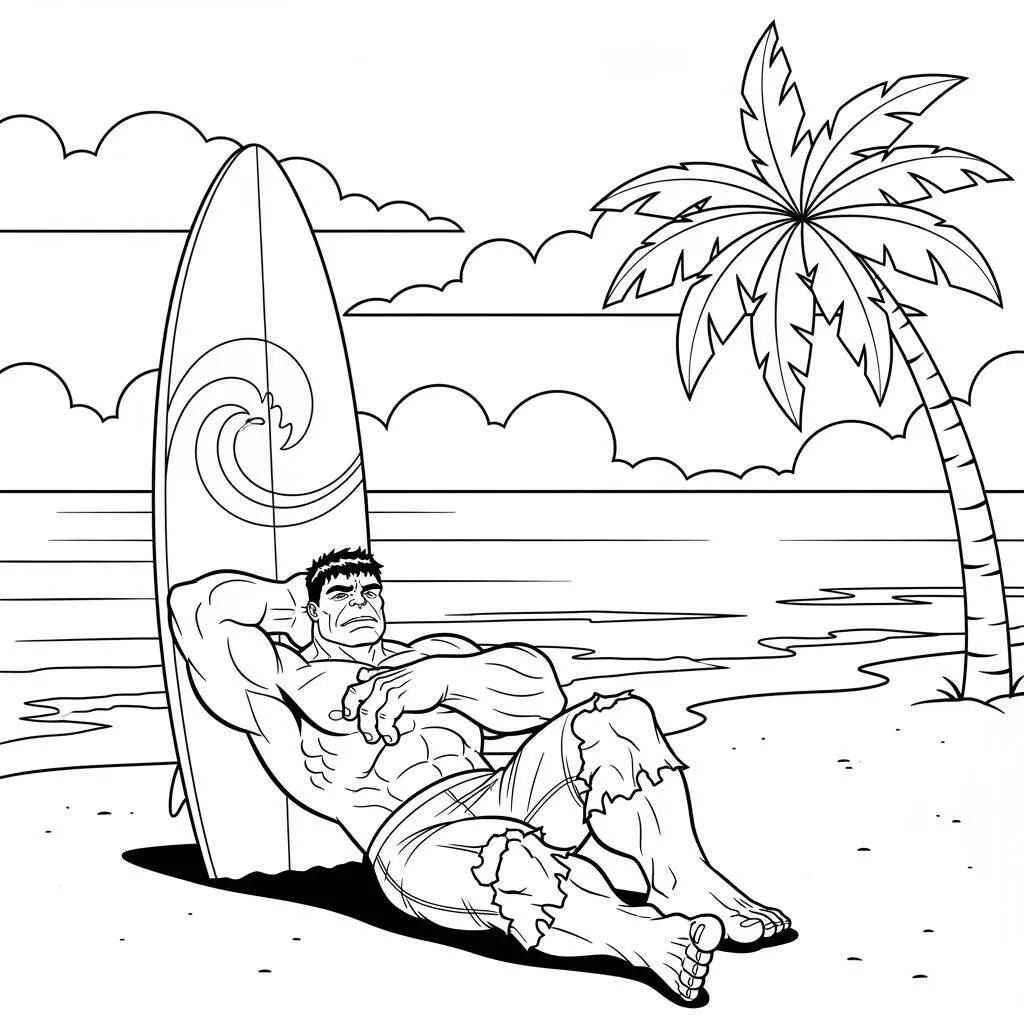 Desenho do Hulk em um Dia de Praia para Colorir