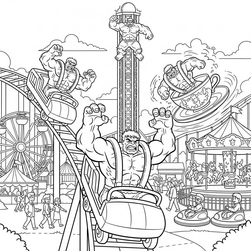 Desenho do Hulk em um Parque de Diversões para Colorir