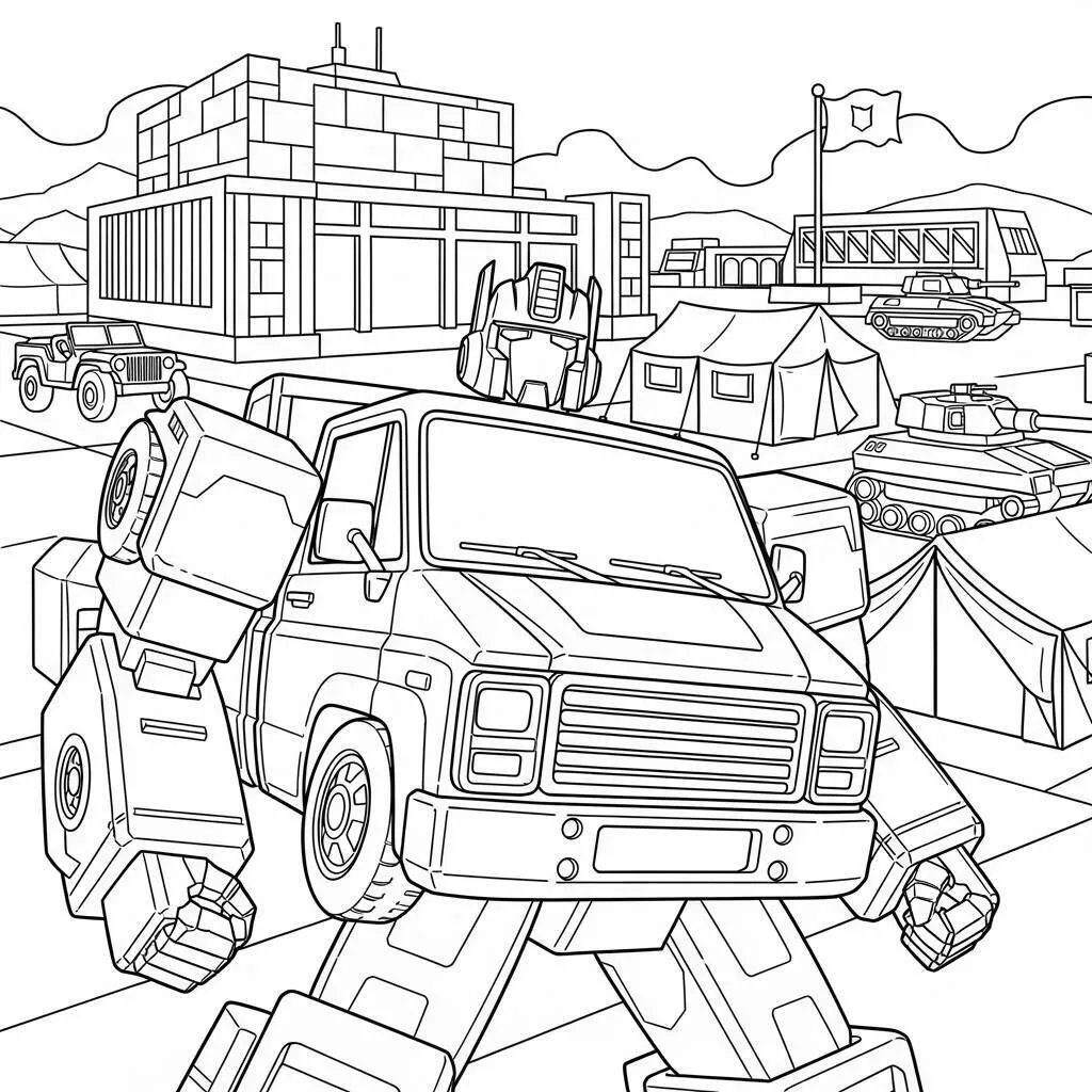 Desenho-do-Ironhide-em-uma-base-militar-para-Colorir Desenho do Ironhide em uma base militar para Colorir