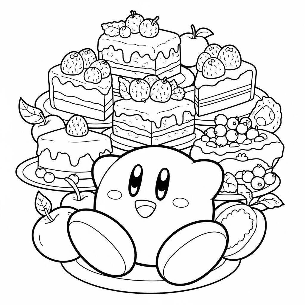 Desenho do Kirby com Comida para Colorir
