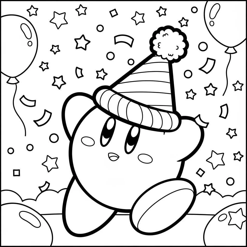 Desenho do Kirby com um Chapéu de Festa para Colorir