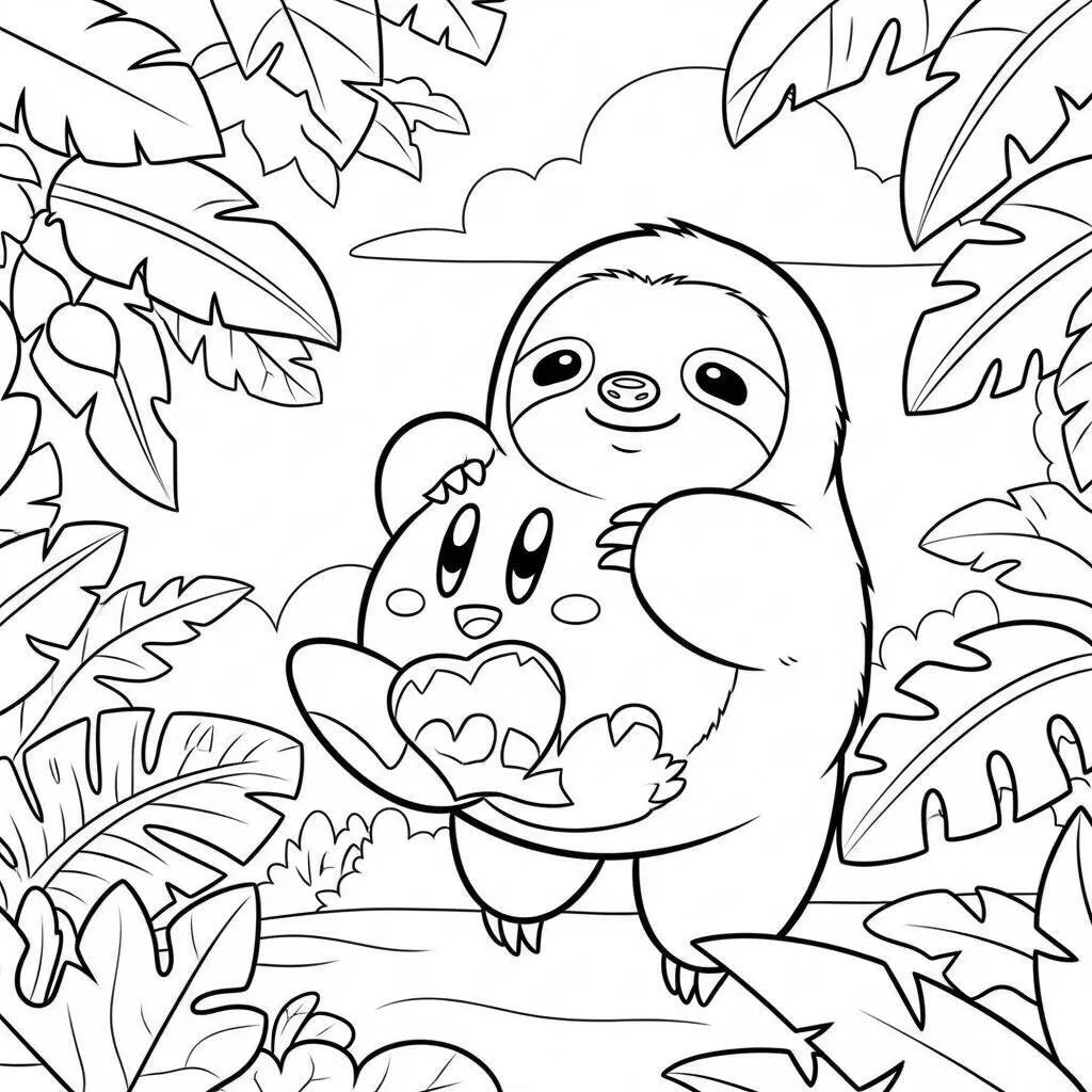 Desenho do Kirby e um Bicho-Preguiça para Colorir