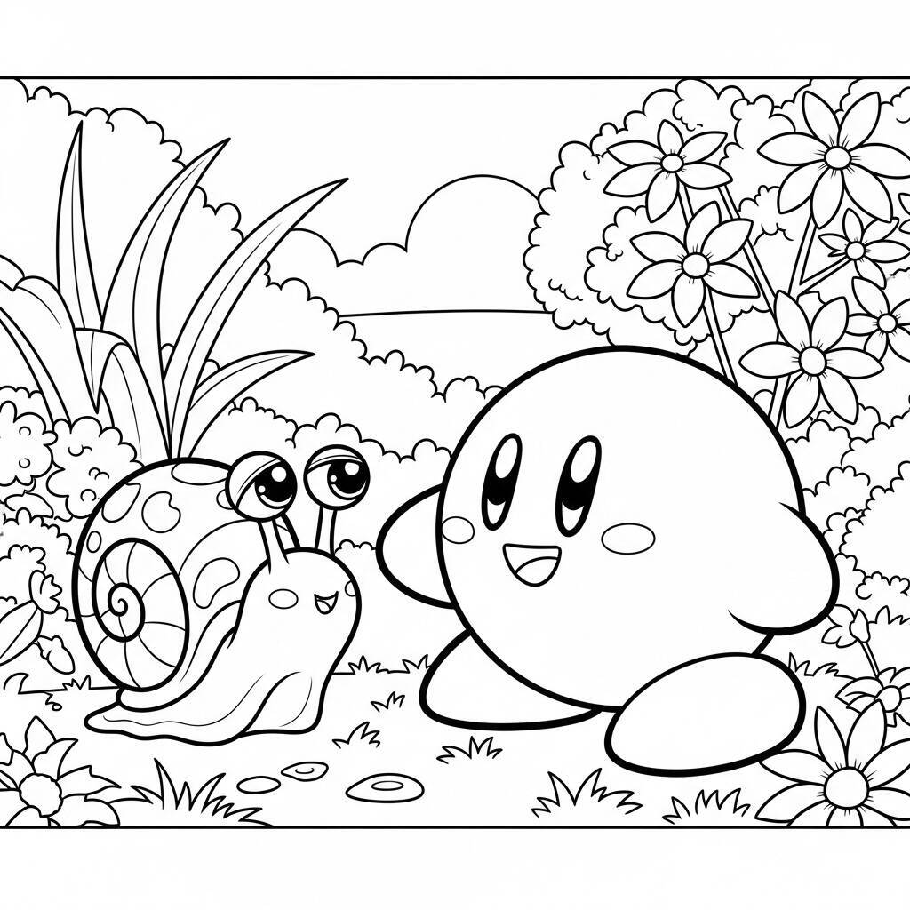 Desenho do Kirby e um Caracol para Colorir