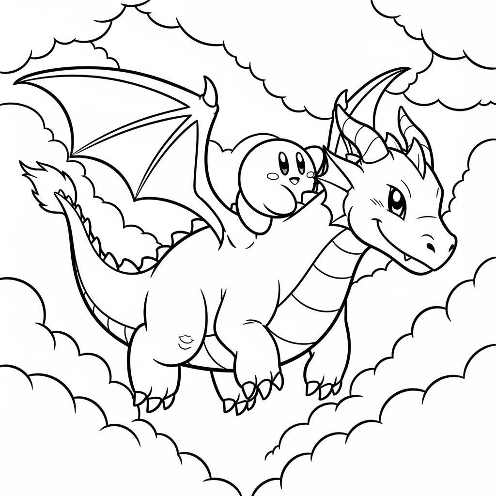 Desenho do Kirby e um Dragão para Colorir