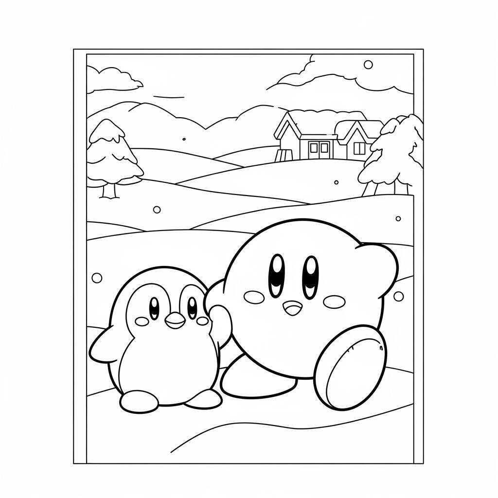 Desenho do Kirby e um Pinguim para Colorir