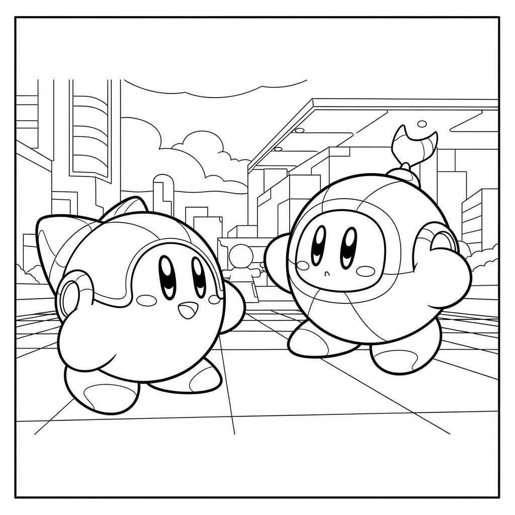 Desenho do Kirby e um Robô para Colorir