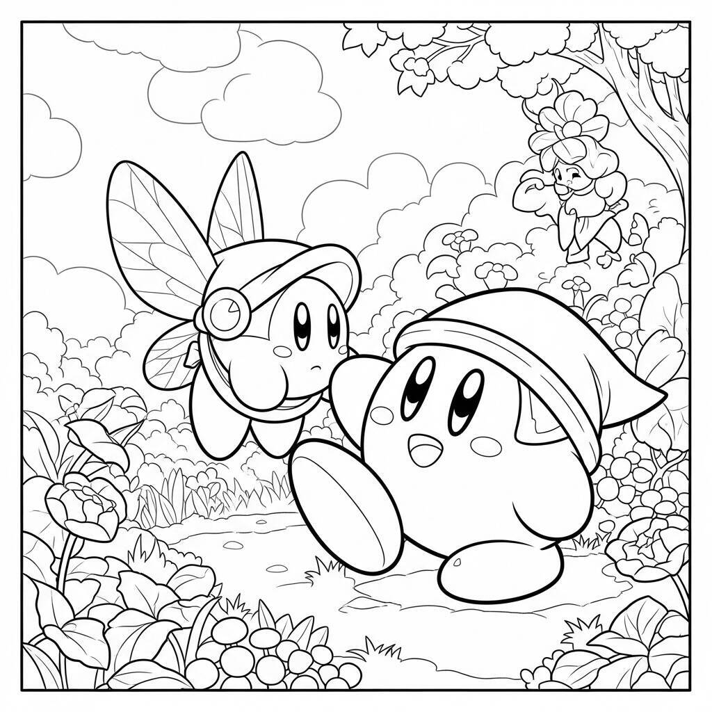 Desenho do Kirby e uma Fada para Colorir