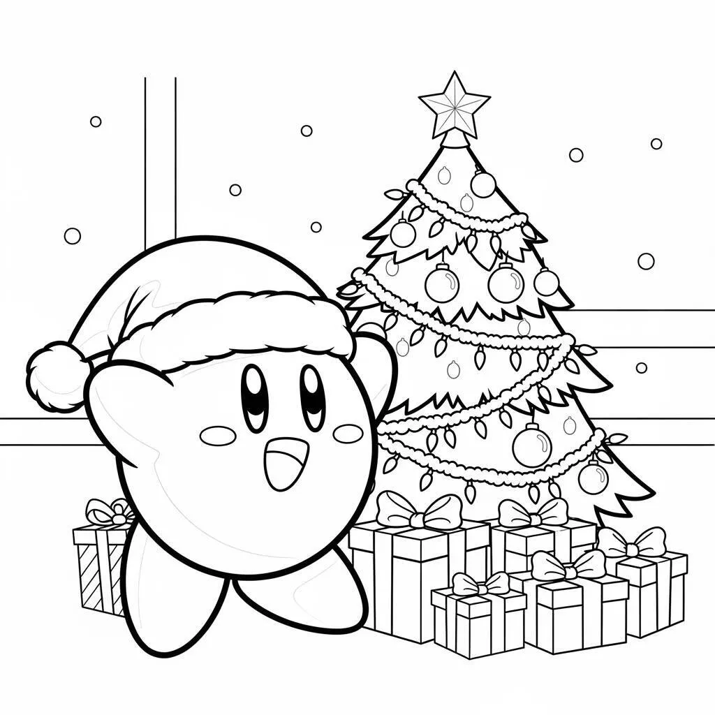 Desenho do Kirby em um Dia de Natal para Colorir