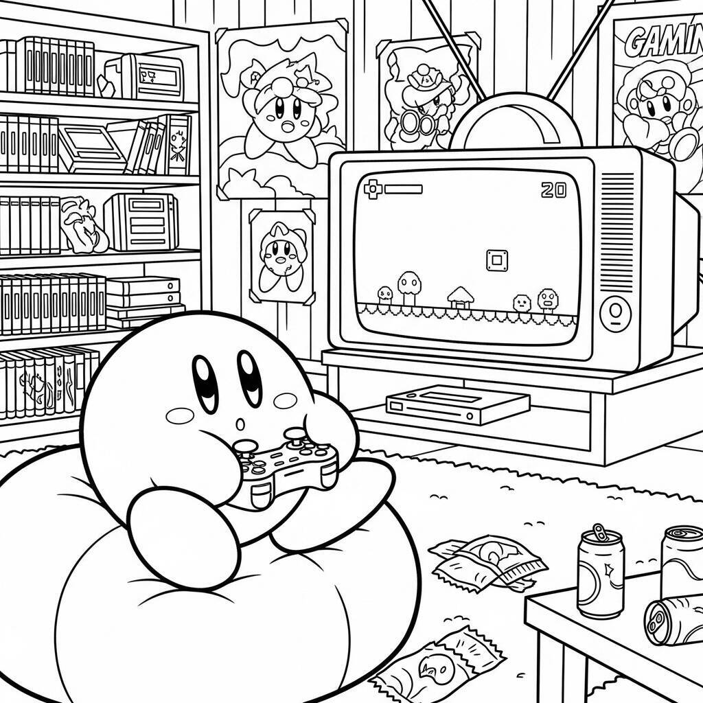 Desenho do Kirby em um Jogo de Videogame para Colorir