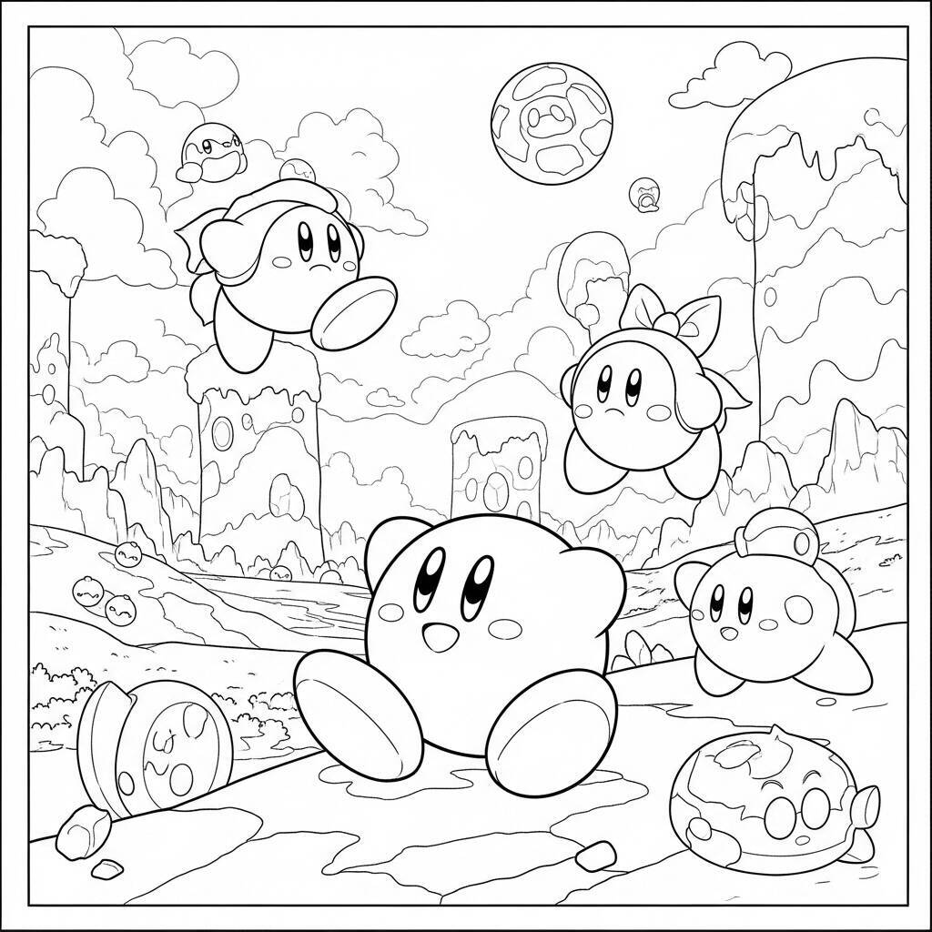 Desenho do Kirby em um Mundo de Fantasia para Colorir