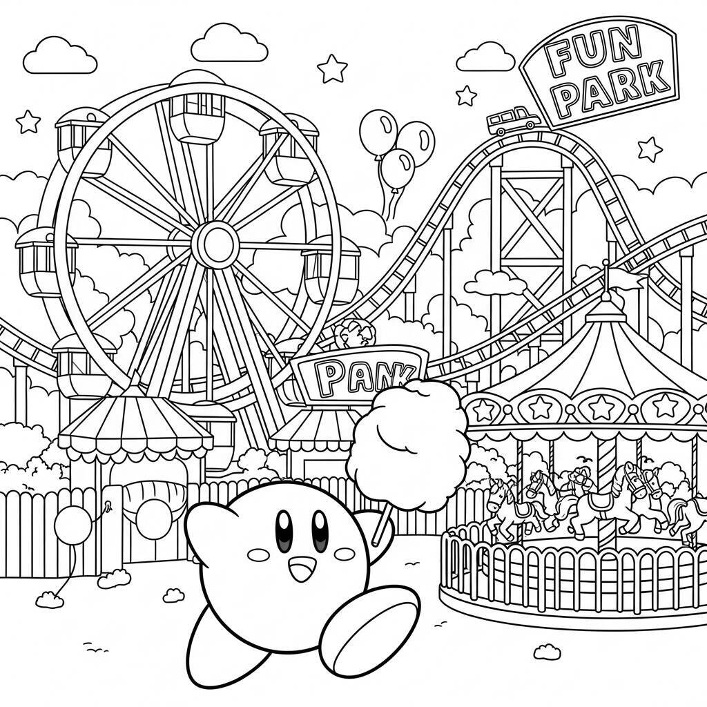 Desenho do Kirby em um Parque de Diversões para Colorir