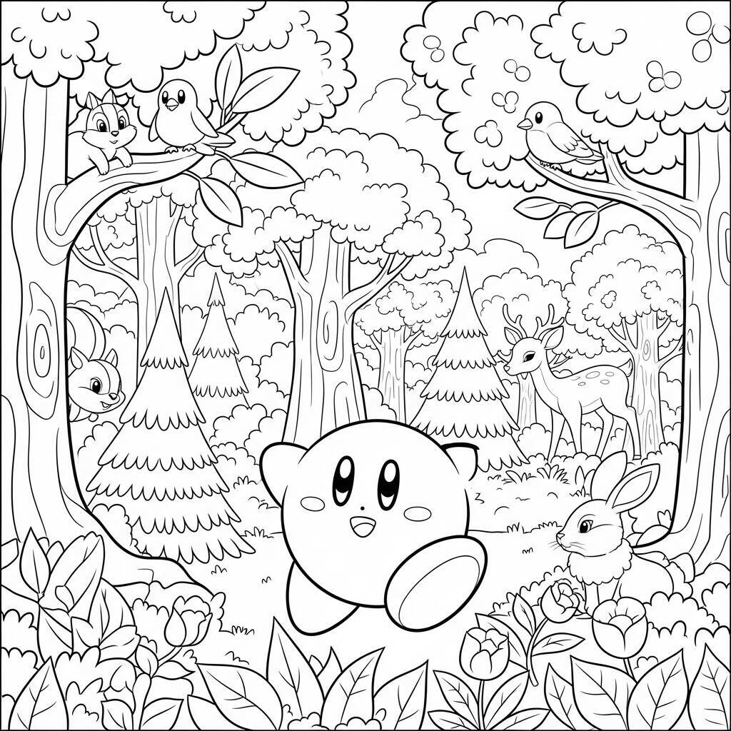 Desenho do Kirby na Floresta para Colorir