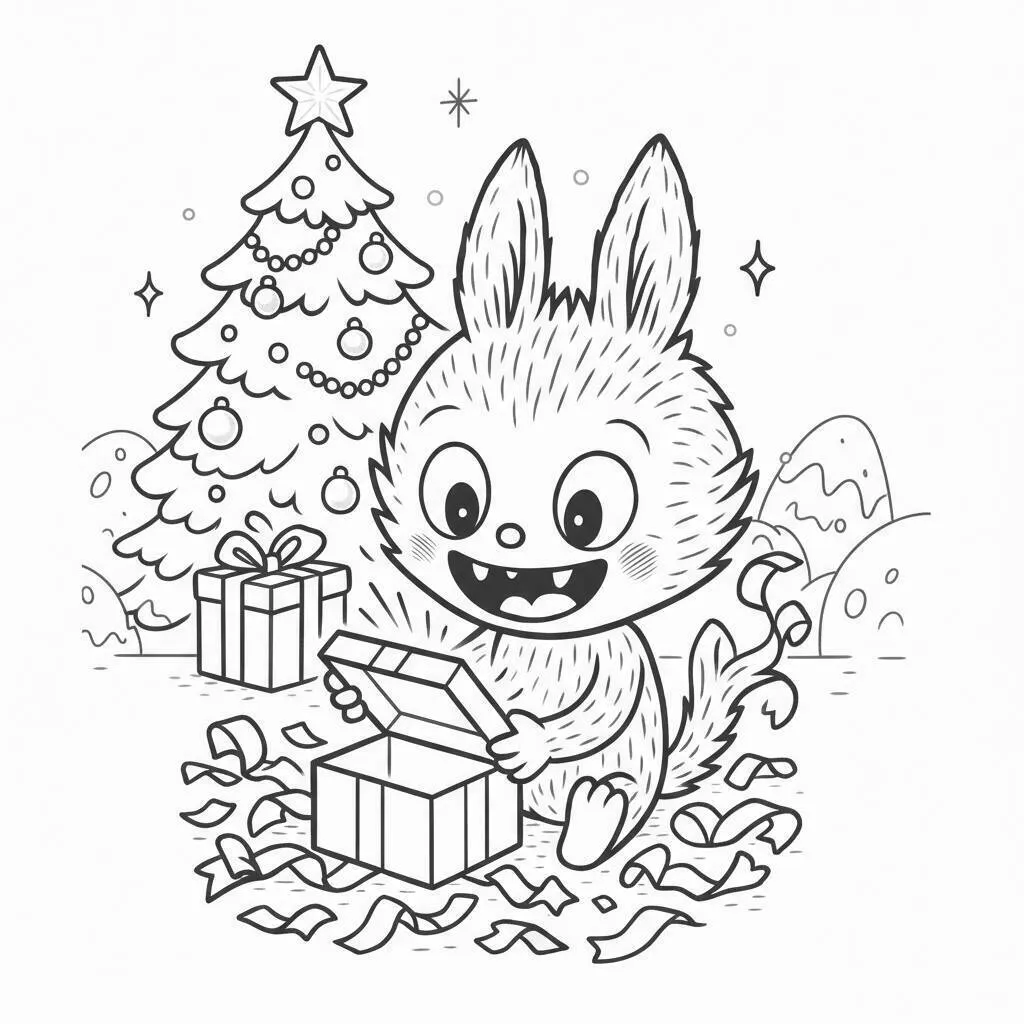 Desenho do Labubu Abrindo Presentes para colorir