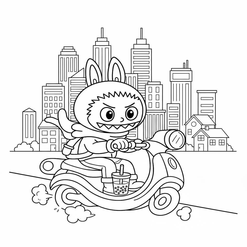 Desenho do Labubu Andando de Scooter para colorir