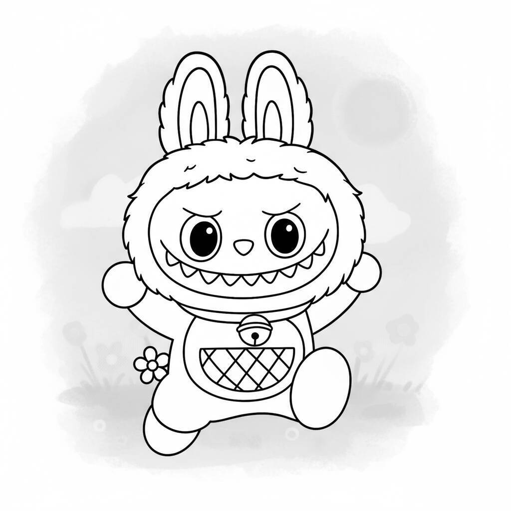 Desenho do Labubu Brincando no Jardim para colorir