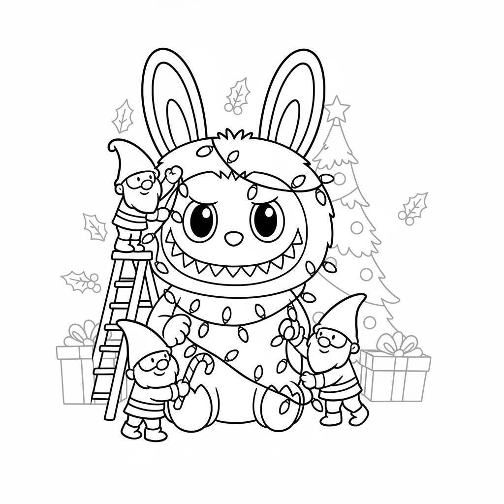 Desenho do Labubu Decorando a Árvore de Natal para colorir