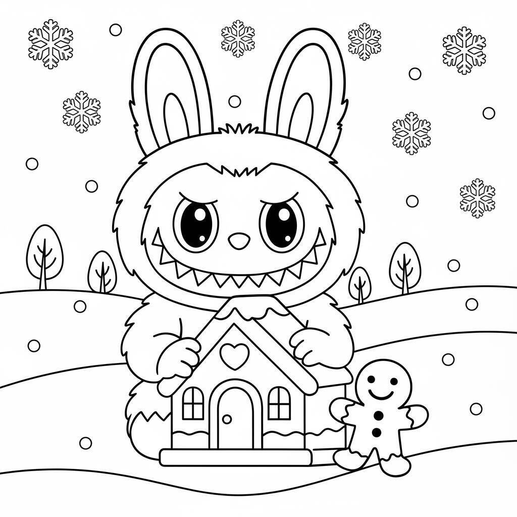 Desenho do Labubu com Casinha de Gengibre para colorir