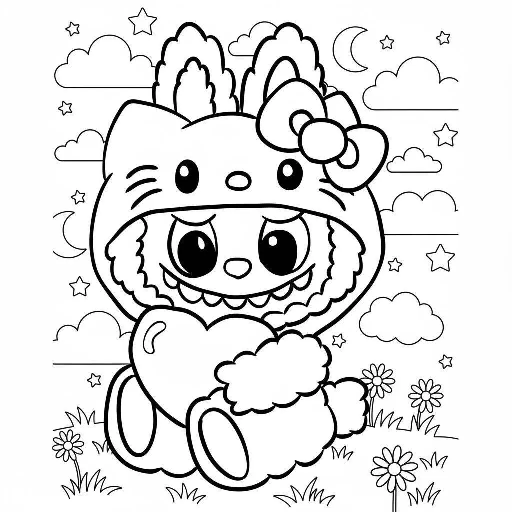 Desenho do Labubu com Coração para colorir