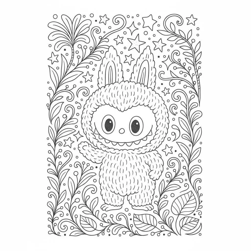 Desenho do Labubu com flores para colorir