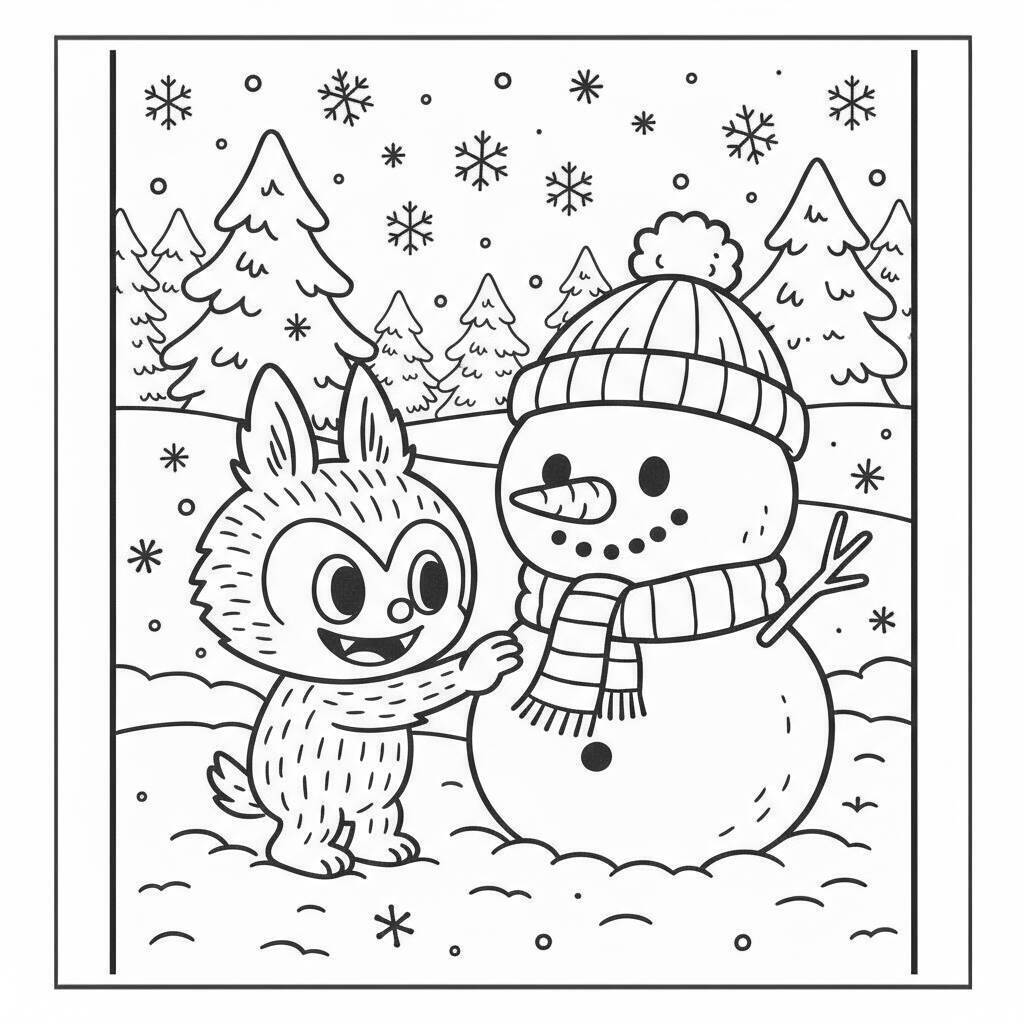 Desenho do Labubu com o Boneco de Neve para colorir