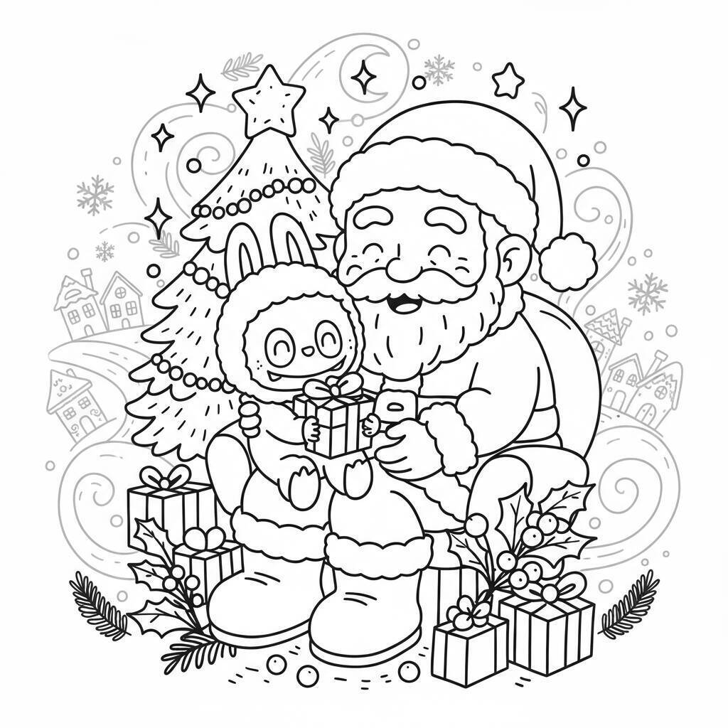 Desenho do Labubu com o Papai Noel para colorir