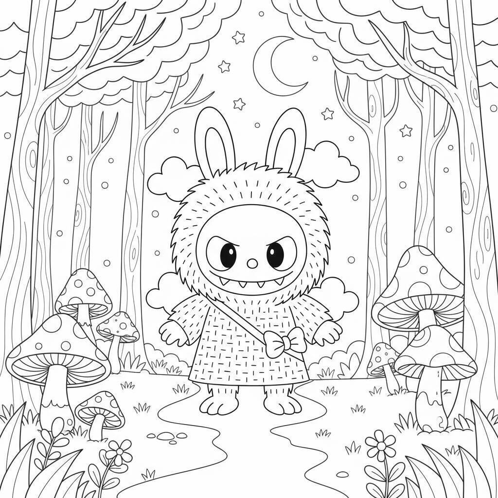 Desenho do Labubu na Floresta Encantada para colorir