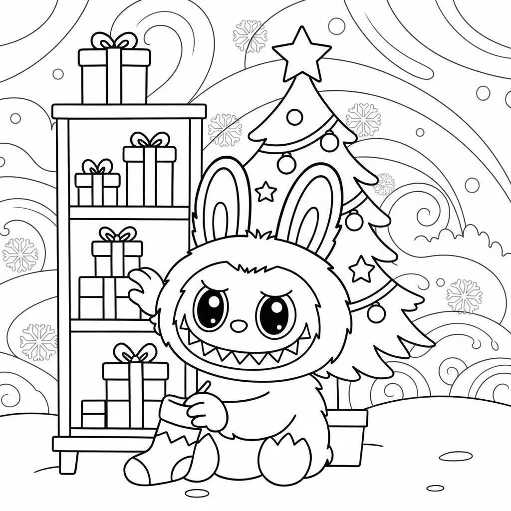 Desenho do Labubu no Natal para colorir