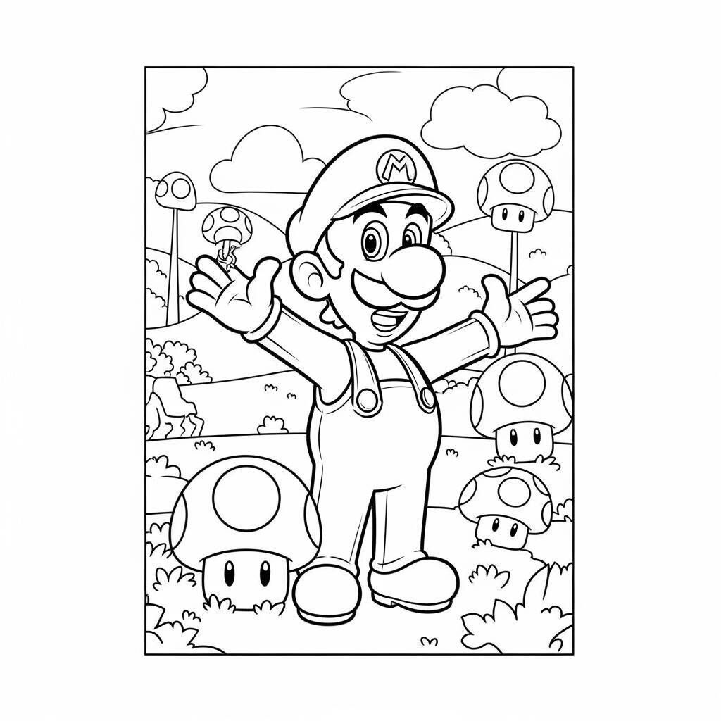 Desenho do Luigi com Cogumelos para Colorir