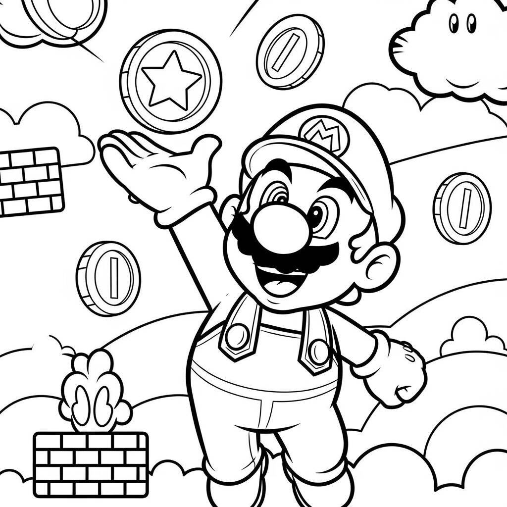 Desenho do Mario Coletando Moedas para Colorir