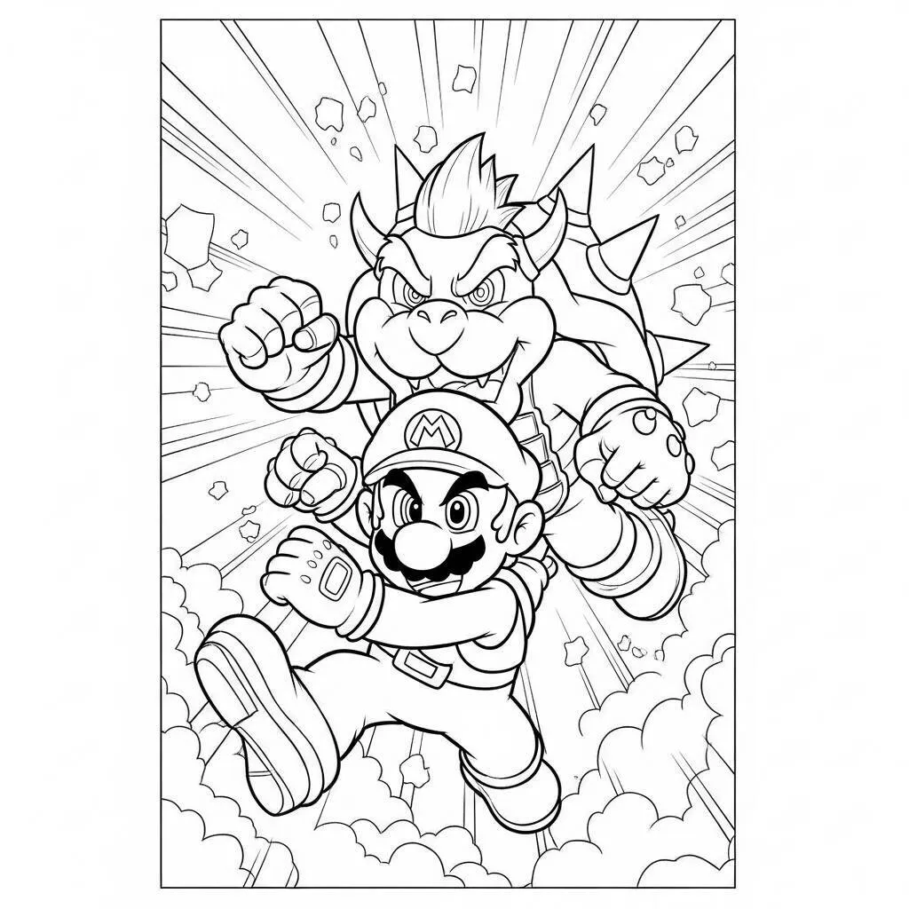 Desenho do Mario Lutando Contra Bowser para Colorir