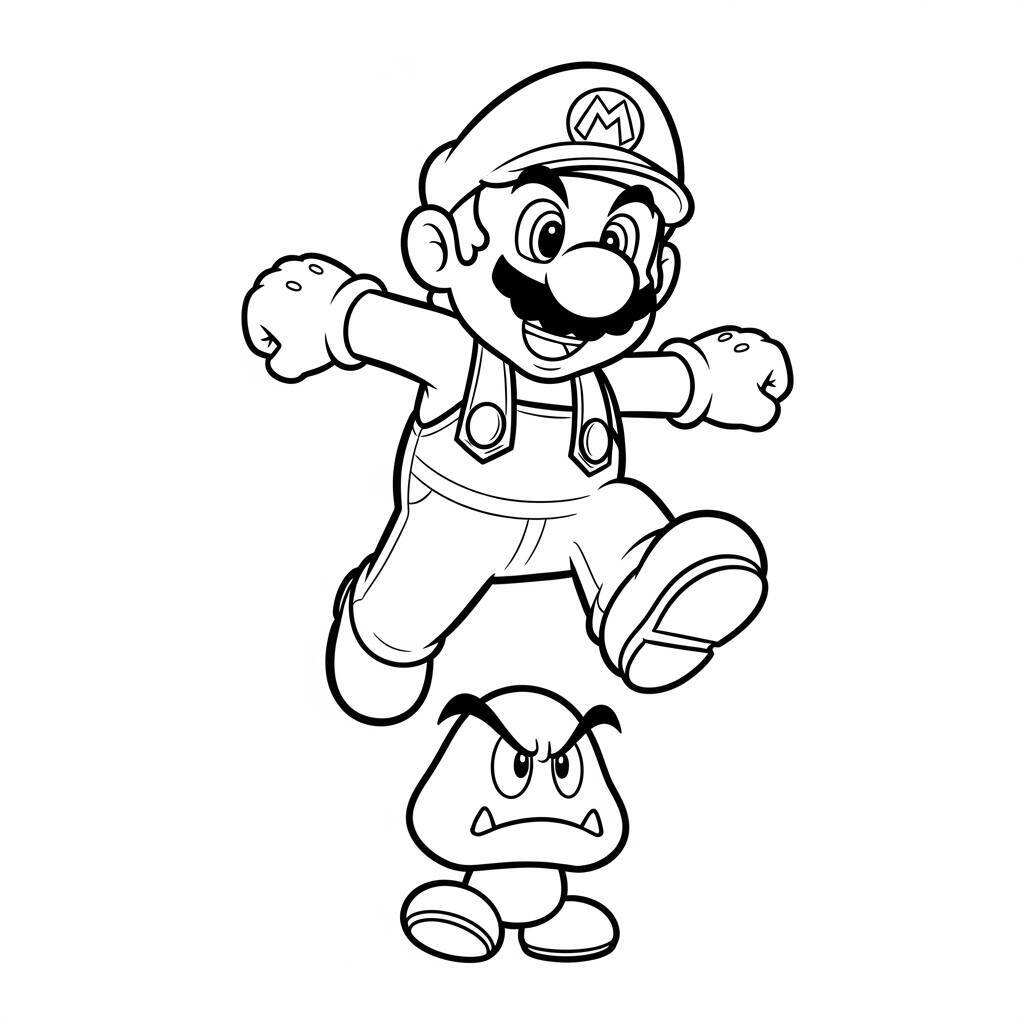 Desenho do Mario Saltando Sobre um Inimigo para Colorir