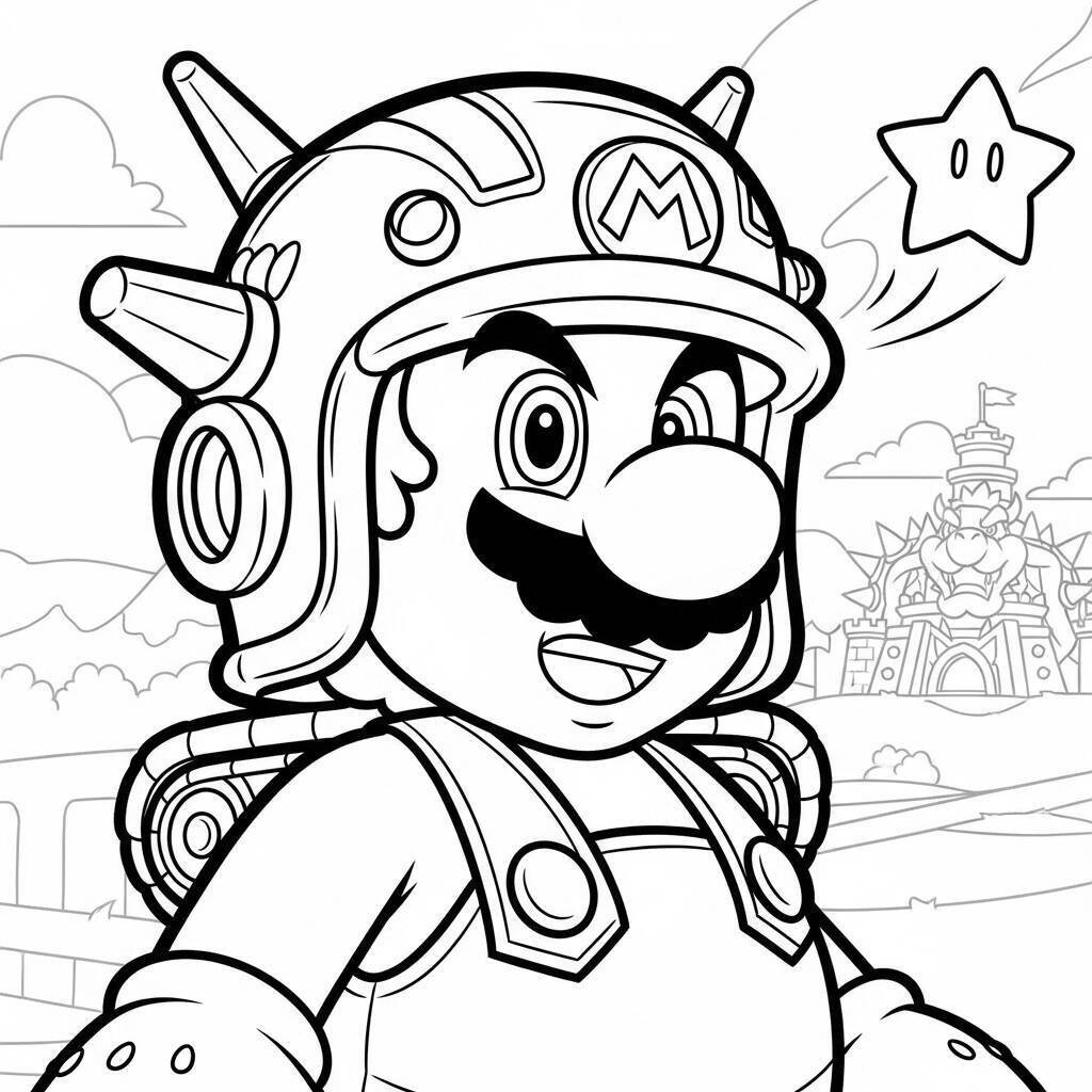 Desenho do Mario com um Capacete de Tanque para Colorir