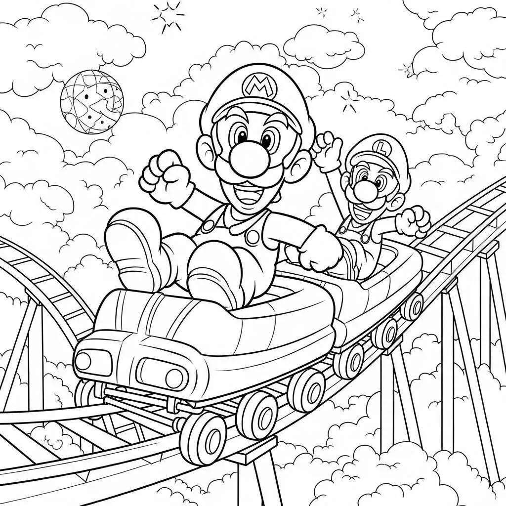 Desenho do Mario e Luigi em uma Montanha-Russa para Colorir