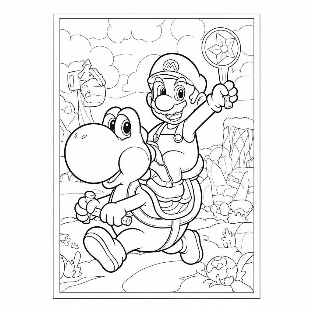 Desenho do Mario e Yoshi em uma Aventura para Colorir