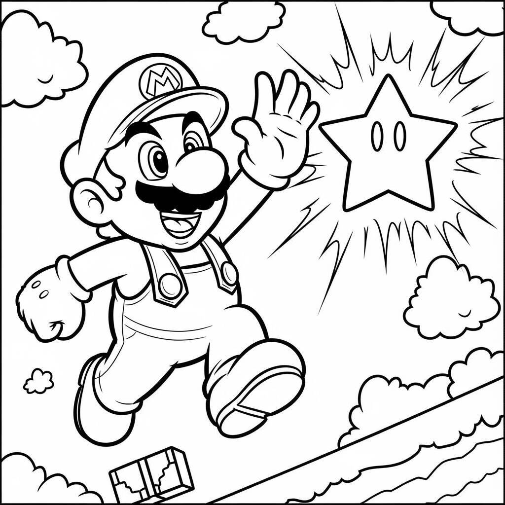 Desenho do Mario e a Estrela de Poder para Colorir