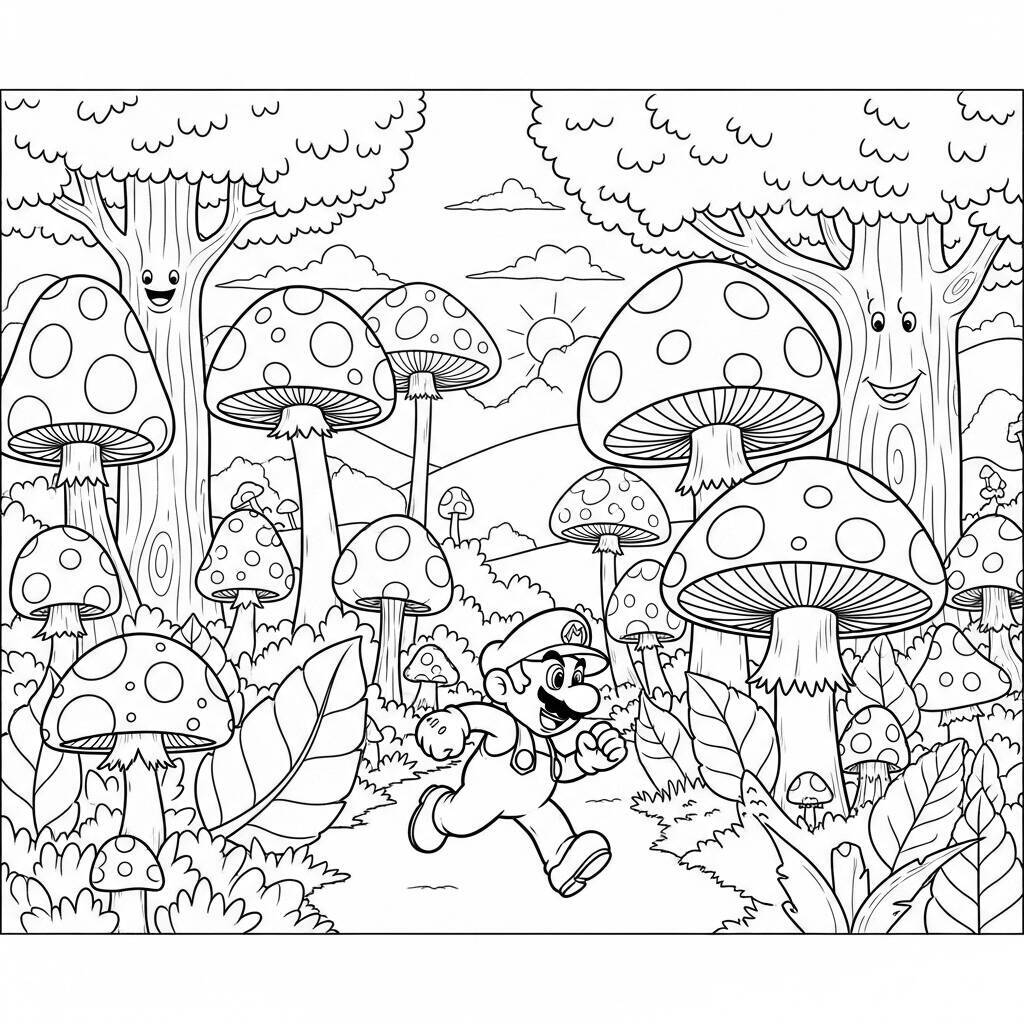Desenho do Mario e a Floresta dos Cogumelos para Colorir