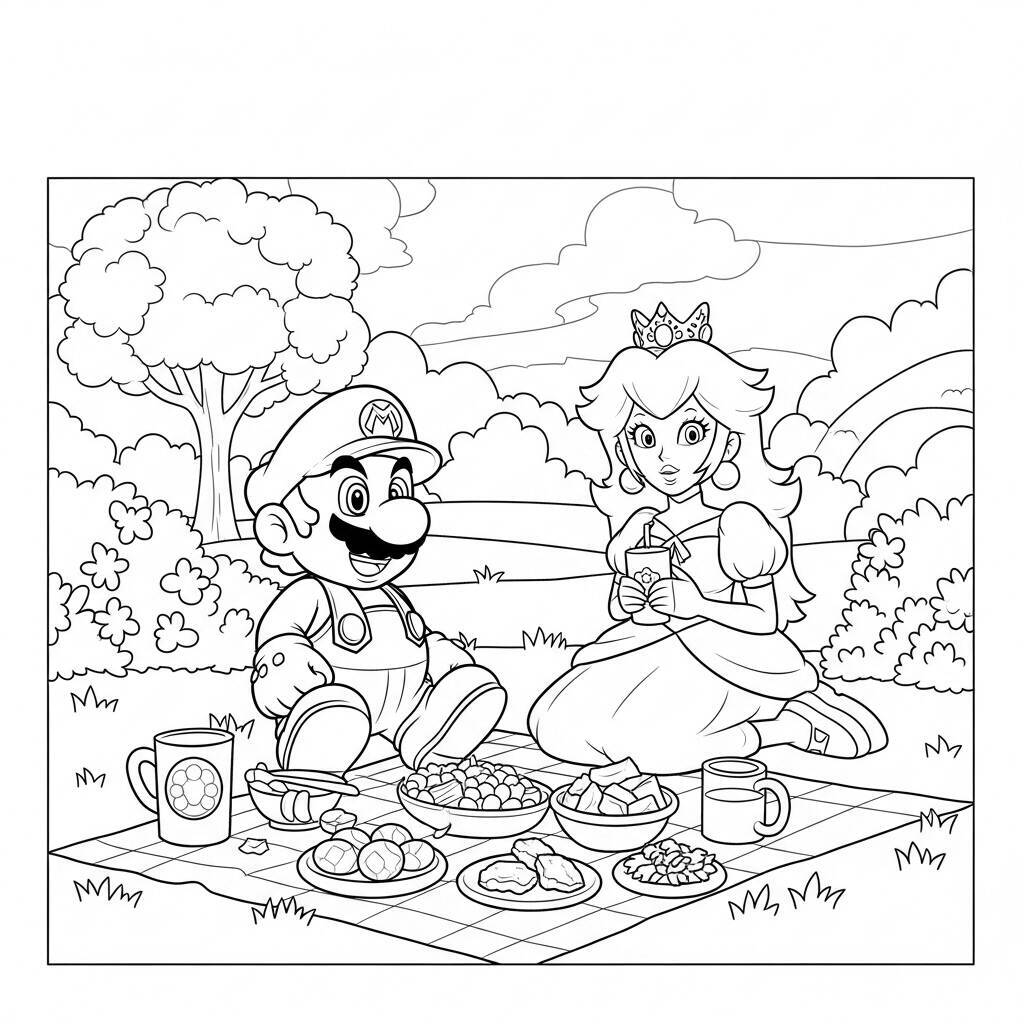 Desenho do Mario e a Princesa Peach em um Picnic para Colorir