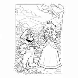 Desenho do Mario e da Princesa Peach em um Jardim para Colorir