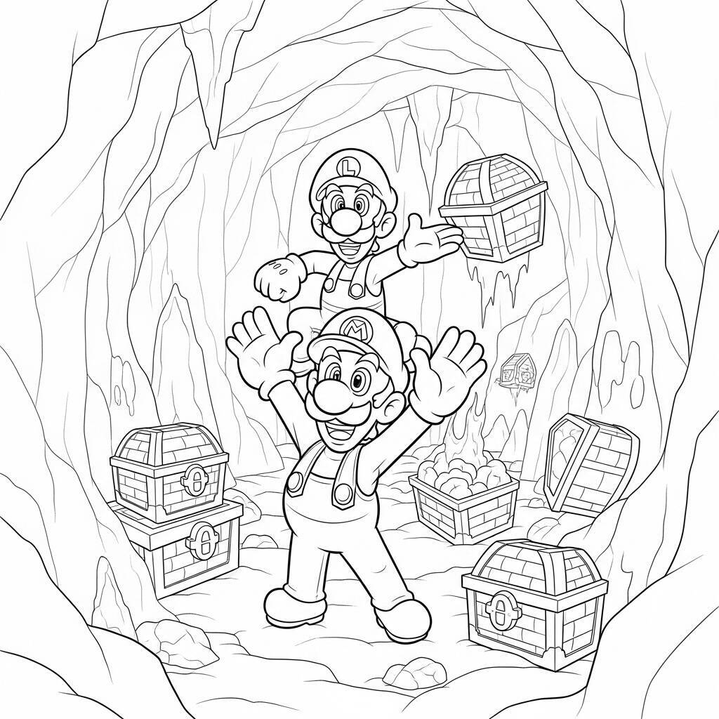 Desenho do Mario e do Luigi em uma Caverna para Colorir