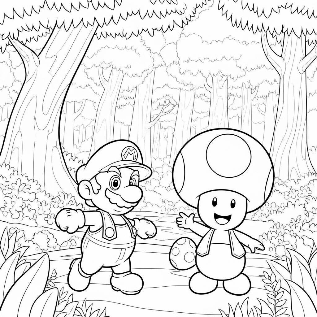 Desenho do Mario e do Toad na Floresta para Colorir