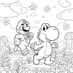 Desenho do Mario e do Yoshi em um Mundo Colorido para Colorir