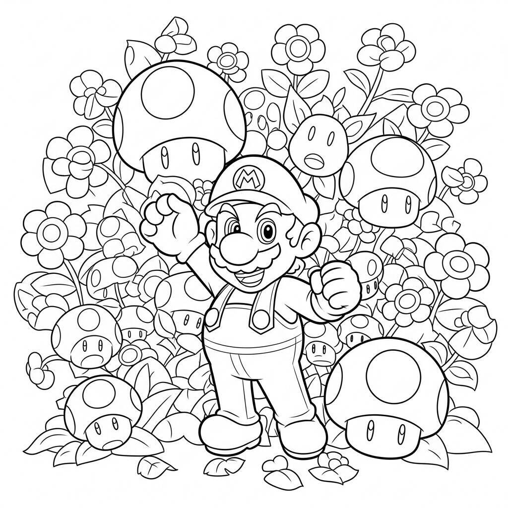 Desenho do Mario e dos Power-Ups para Colorir