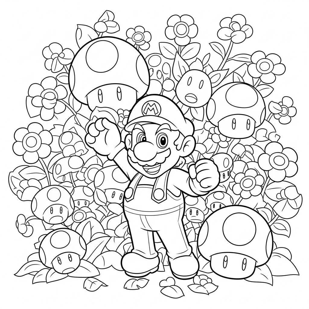 Desenho-do-Mario-e-dos-Power-Ups-para-Colorir Mario and Power-Ups Coloring Page