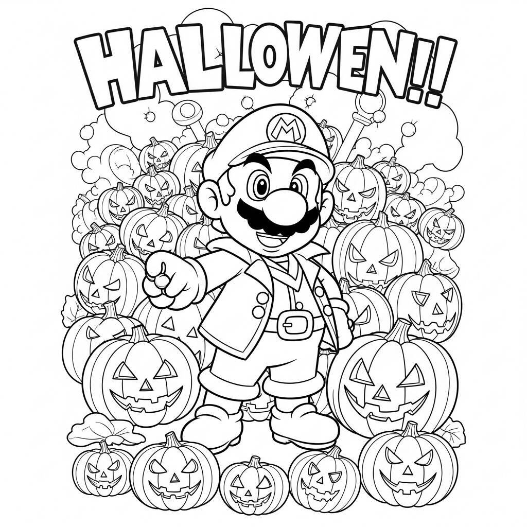 Desenho do Mario e sua Fantasia de Halloween para Colorir