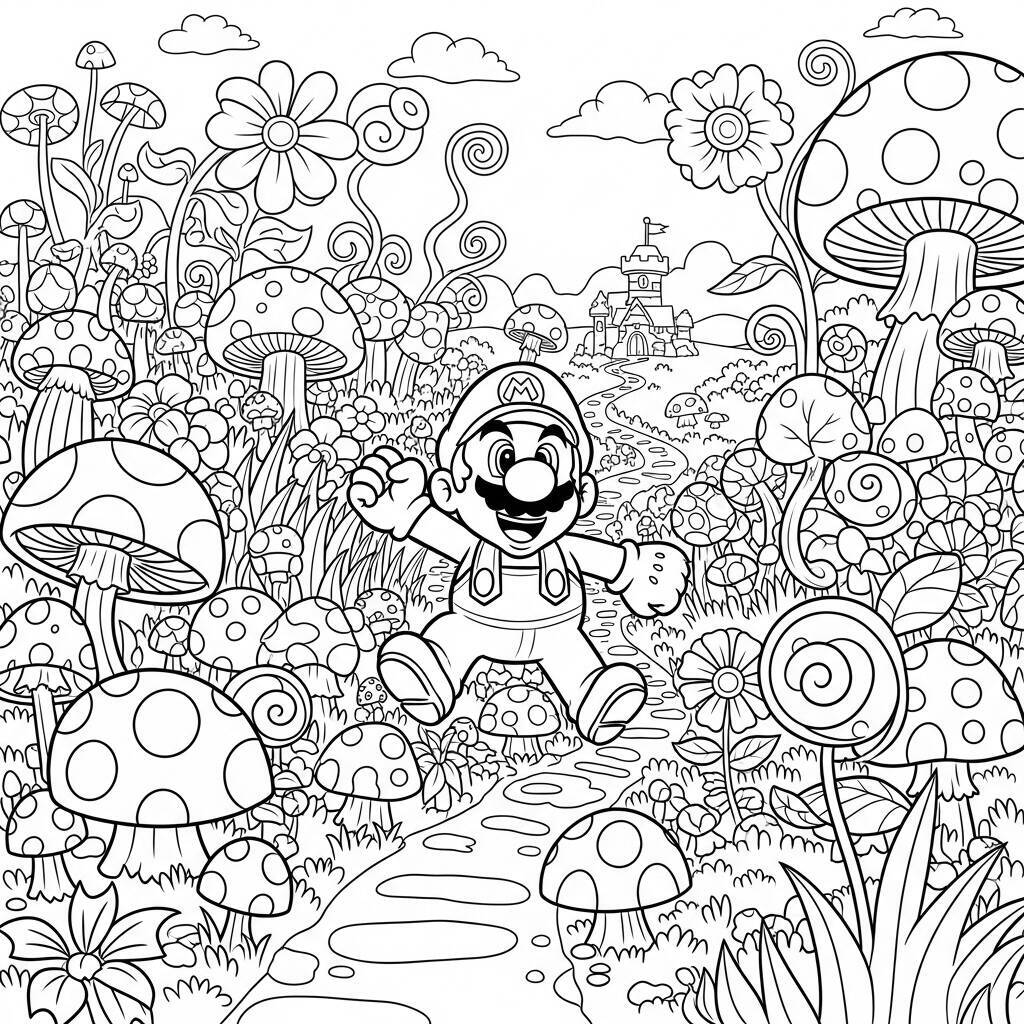 Desenho do Mario em um Mundo de Cogumelos para Colorir
