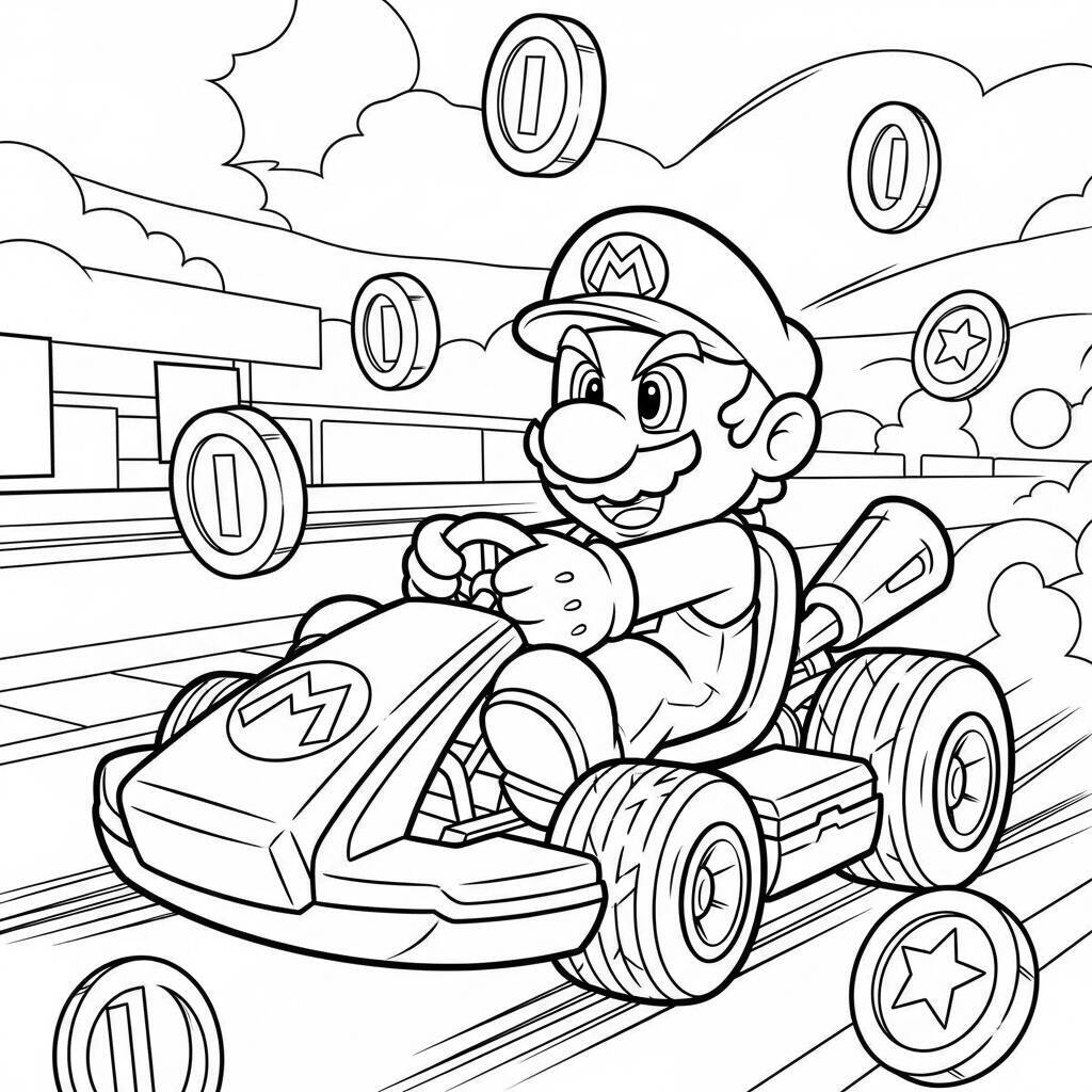 Desenho do Mario em uma Corrida de Kart para Colorir