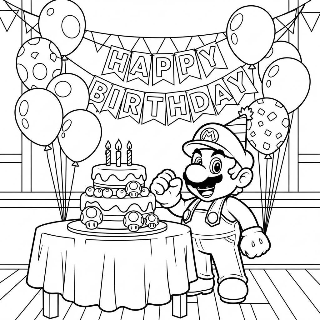 Desenho do Mario em uma Festa de Aniversário para Colorir