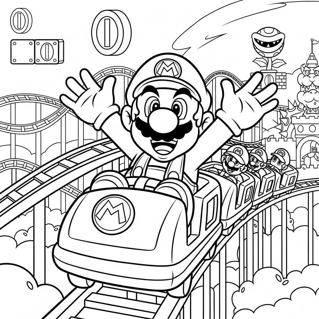 Desenho do Mario em uma Montanha-russa para Colorir